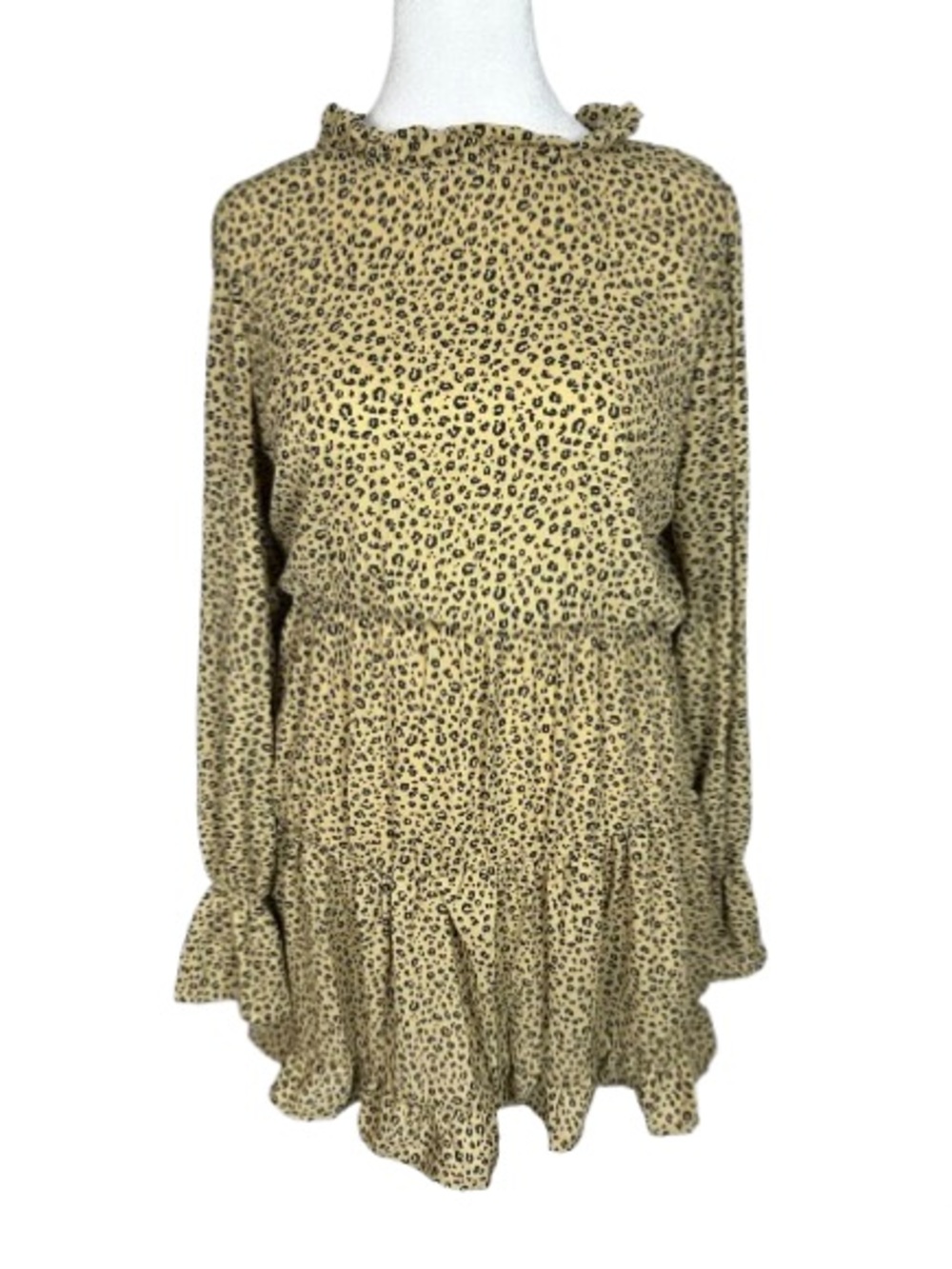 Haptics Leopard Print Long Sleeve Ruffle Dress - Beige Size L